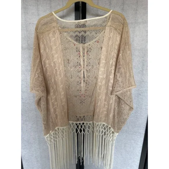 Miss Me Womens Large Beige Crochet Fringe Kimono BOHO Embroidered Details & Tass - Picture 3 of 7